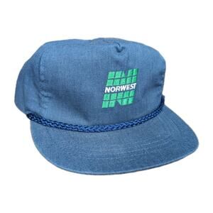 Vintage Norwest Hat Wells Fargo Snapback Trucker Cap Blue Banking MN IA 90s